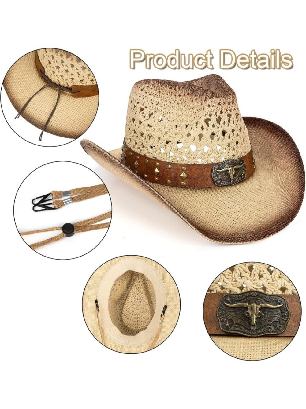 Men's Yellow&brown Comfortable High-quality Synthetic Straw Cowboy Hats - Picture 4 of 7